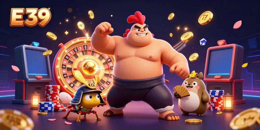 E 39 illuminates a thrilling casino atmosphere with a sumo wrestler rooster, fierce cricket, and colorful gaming elements.