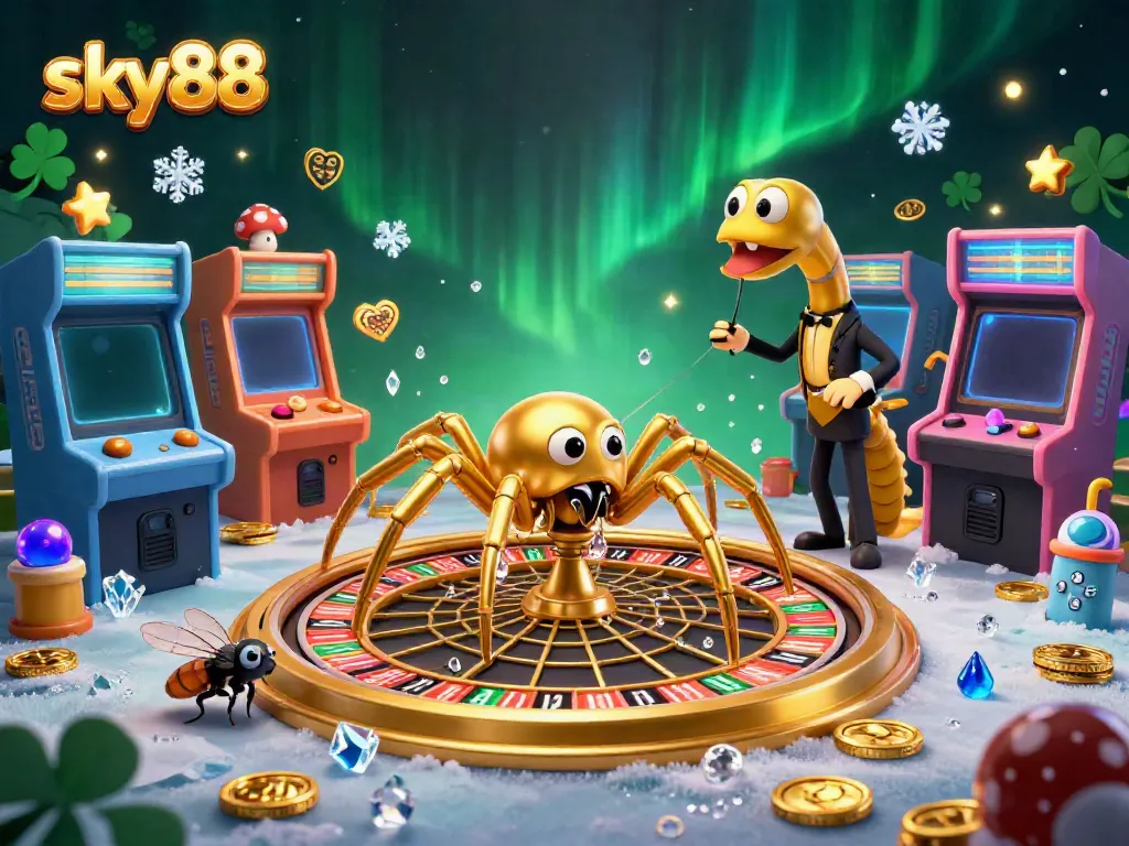 Engage with vivid sky88 gaming fun as a spider spins a golden roulette wheel web amidst colorful arcade elements.