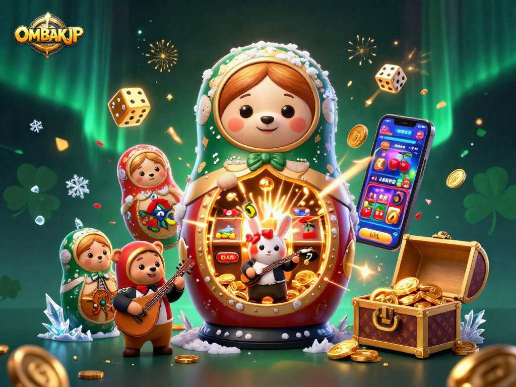 Play exciting games at OMBAKJP with a dynamic scene of bears, slot machines, and casino fun.