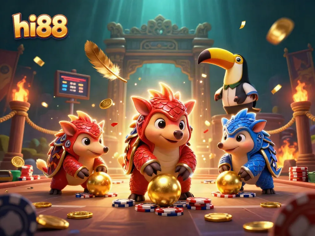 Engaging hi88 casino illustration featuring rival pangolins competing with poker chips in a vibrant setting