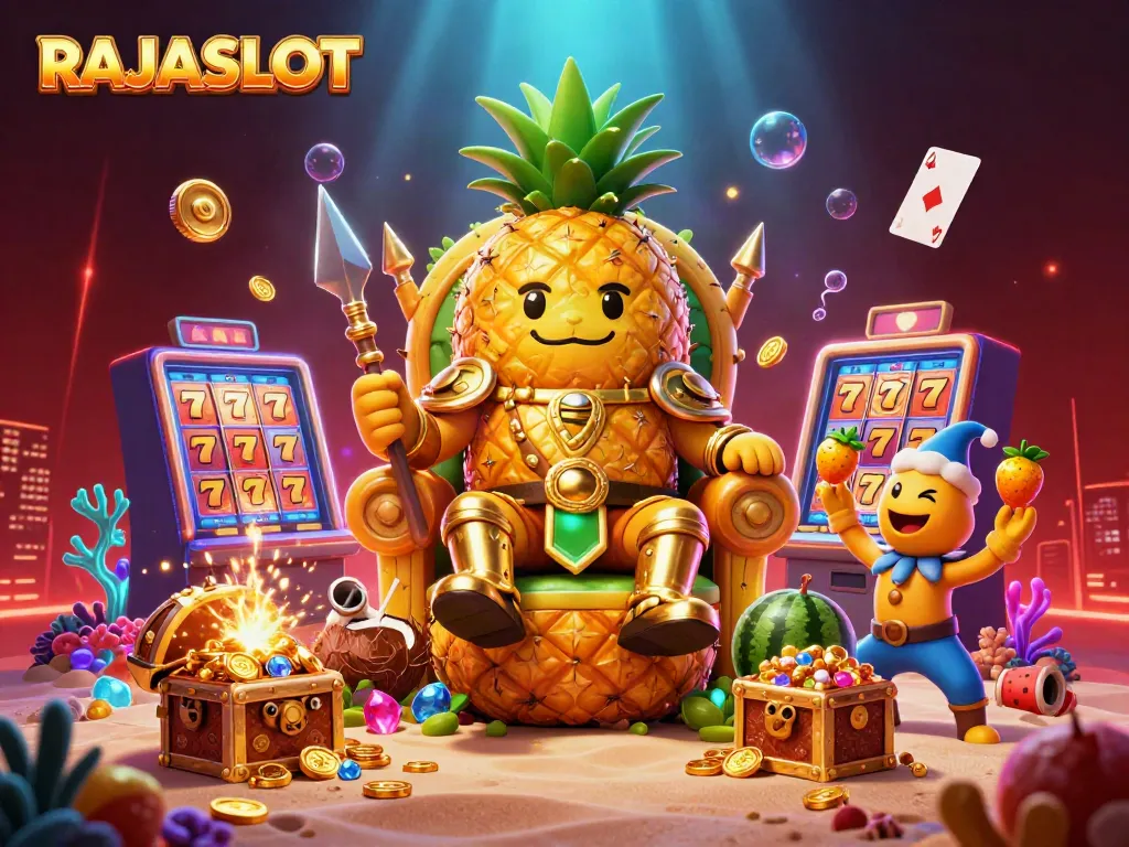RAJASLOT menghadirkan pengalaman kasino yang seru dengan ilustrasi raja slot dan simbol permainan.