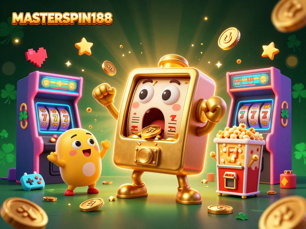 Experience the excitement of MASTERSPIN188 as golden slot machines hit jackpots in a vibrant casino setting.