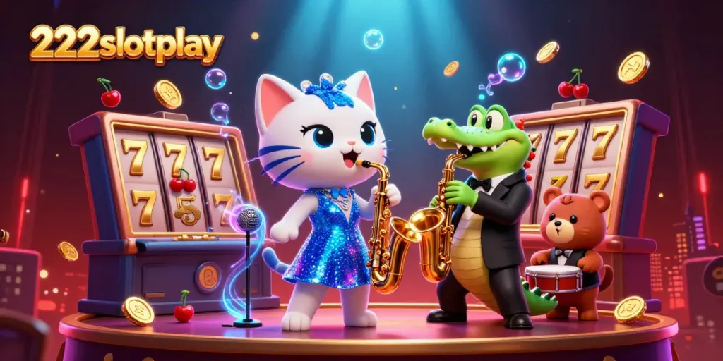 Permainan slot seru di 222slotplay dengan karakter unik dan cahaya gemerlap meriah.