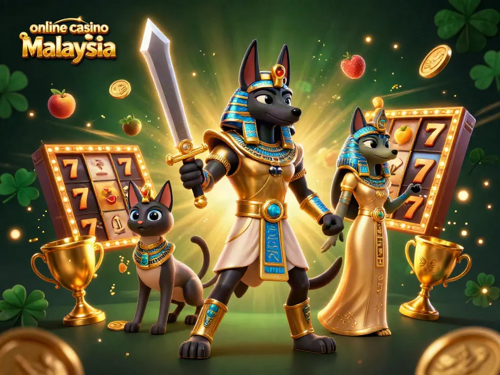 Slot jackpot di kasino dalam talian Malaysia dengan Anubis dan Bastet dalam ilustrasi 3D yang menarik.