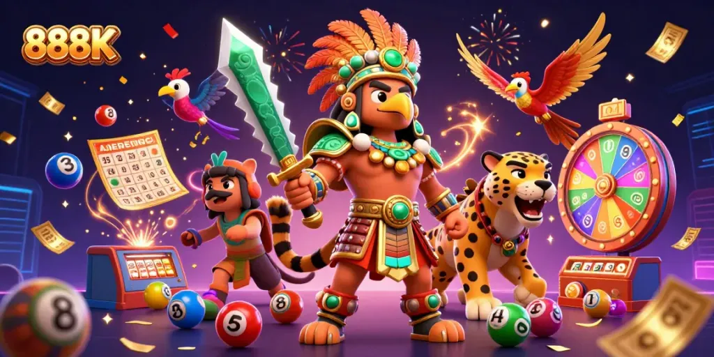 Experience the vibrant action of 888K with Aztec warriors, colorful lottery elements, and dynamic gaming energy.