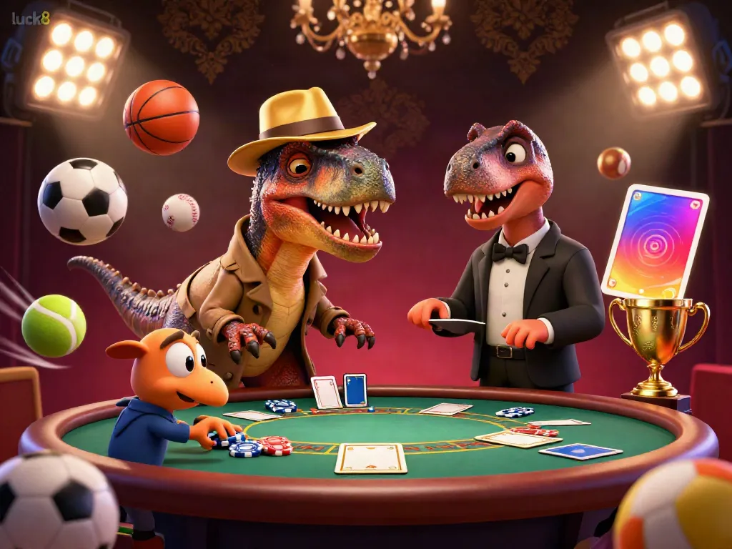 Luck8 velociraptor card counter and stegosaurus pit boss at a vibrant blackjack table with gaming elements.