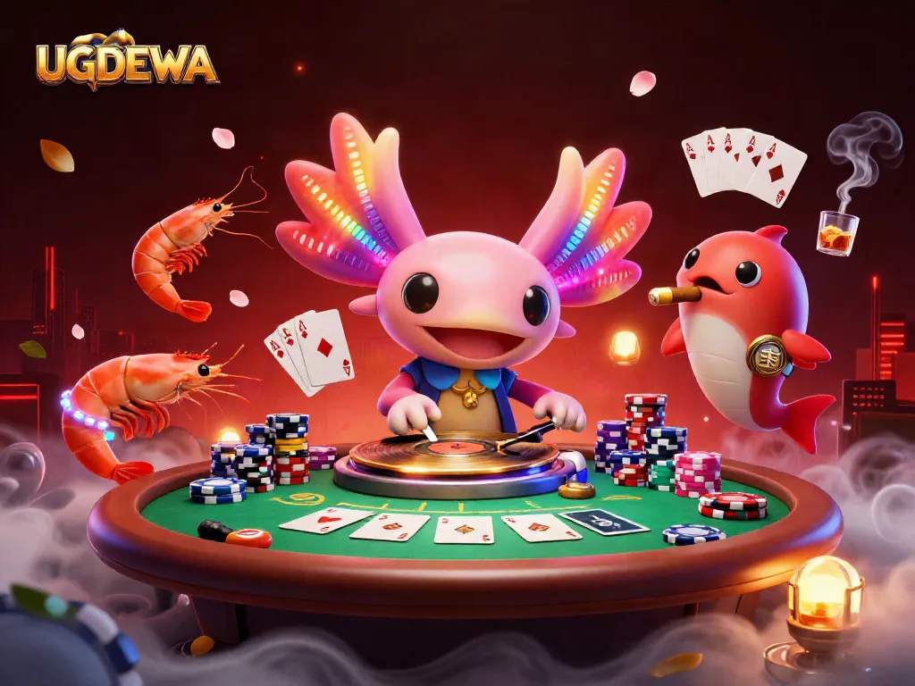 Engage with UGDEWA's vibrant gambling scene featuring a neon axolotl DJ and poker elements.