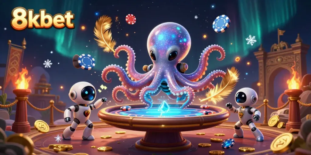 Experience thrilling gameplay at 8xbet with a vibrant alien octopus and poker table in a spectacular casino scene.