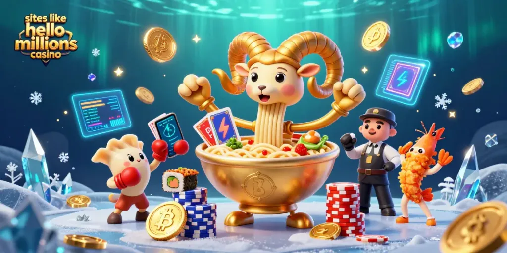 Win big at sites like hello millions casino with cartoon characters stacked coins and colorful game elements.