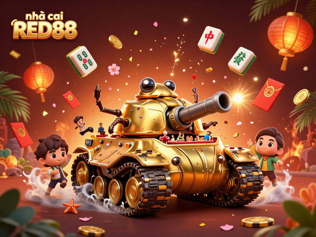 Experience vibrant gaming with nhà cái RED88, featuring a golden beetle tank casino surrounded by lively elements.
