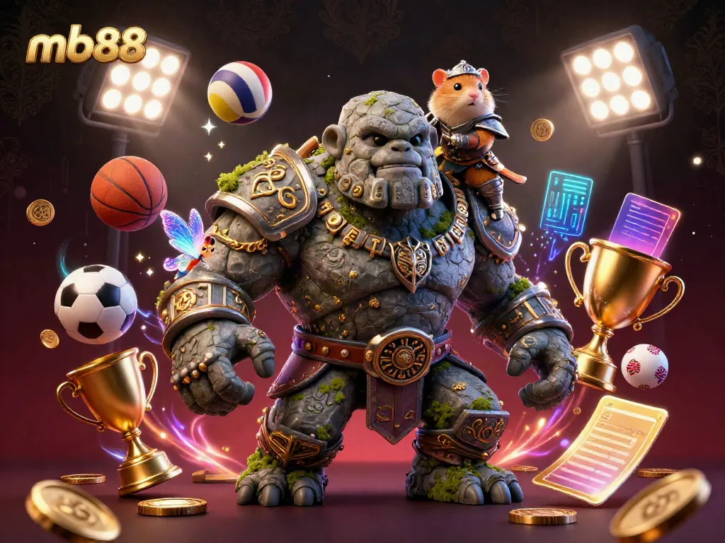 Engage with mb88's thrilling sports atmosphere, featuring a golem guardian and hamster knight amidst dynamic game elements.