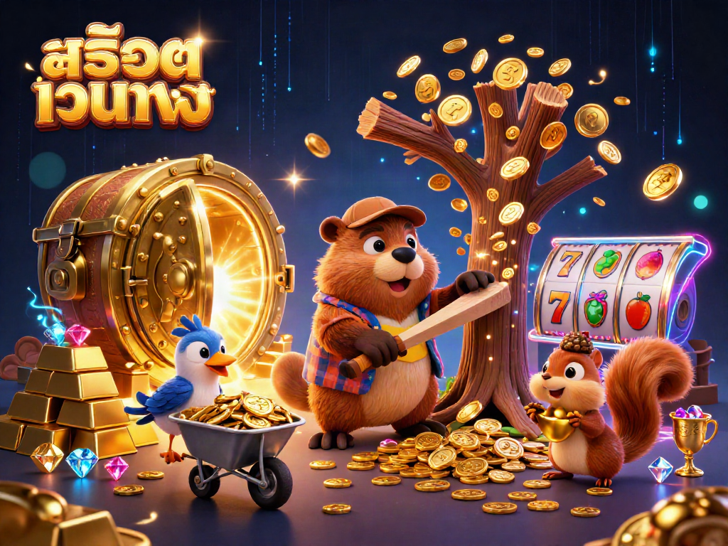 Engage in thrilling สล็อตเว็บตรง action with lively cartoon characters amidst a golden treasure scene.
