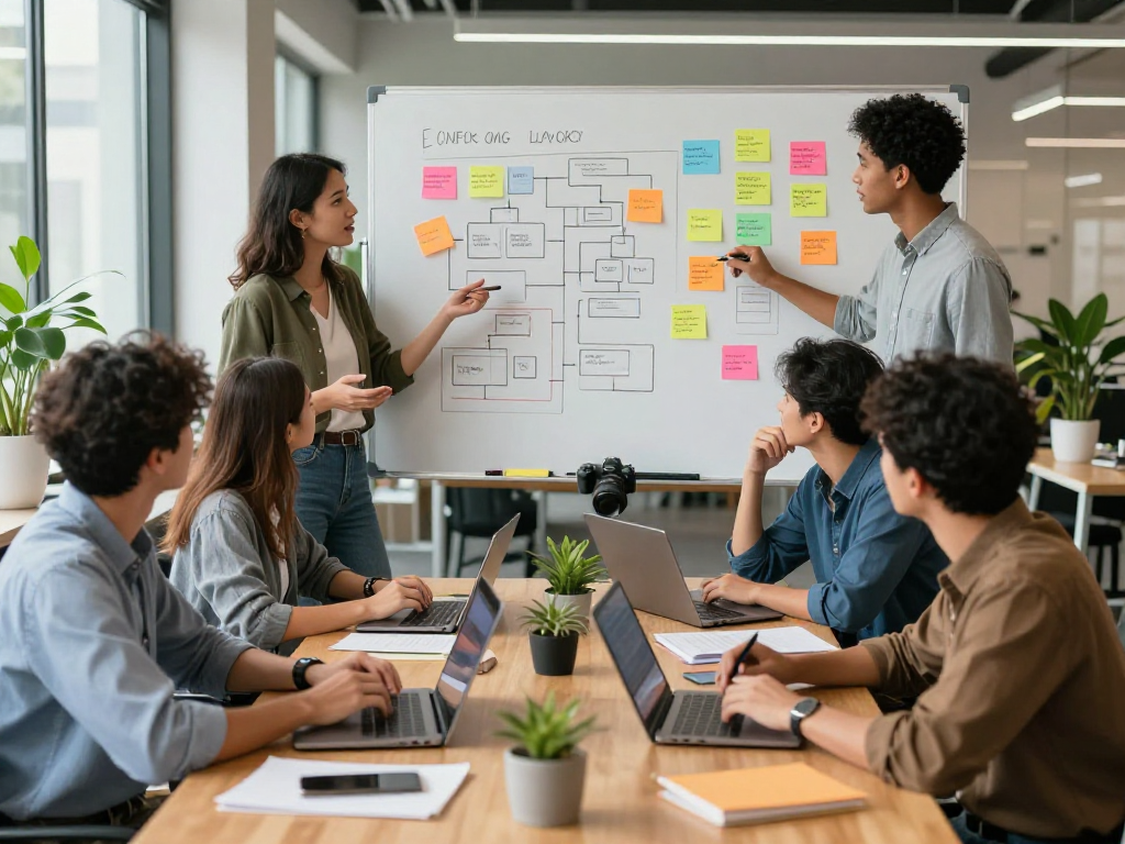 Diverse team brainstorming in a modern office showcasing spicy ai technology collaboration.