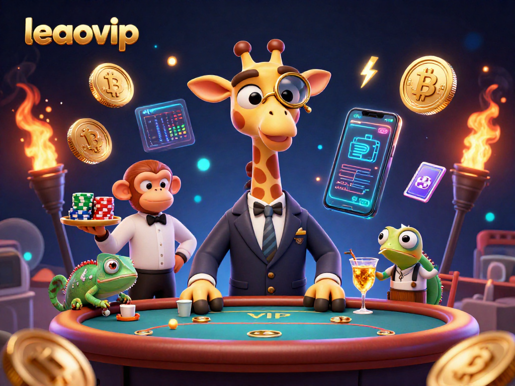 Gambarkan pengalaman bermain di leaovip dengan jerapah dan valet dalam ilustrasi kasino yang menawan.