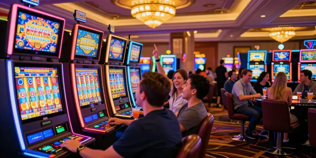 Lucky777 gaming scene showcasing vibrant slot machines and lively players celebrating wins in a casino setting.