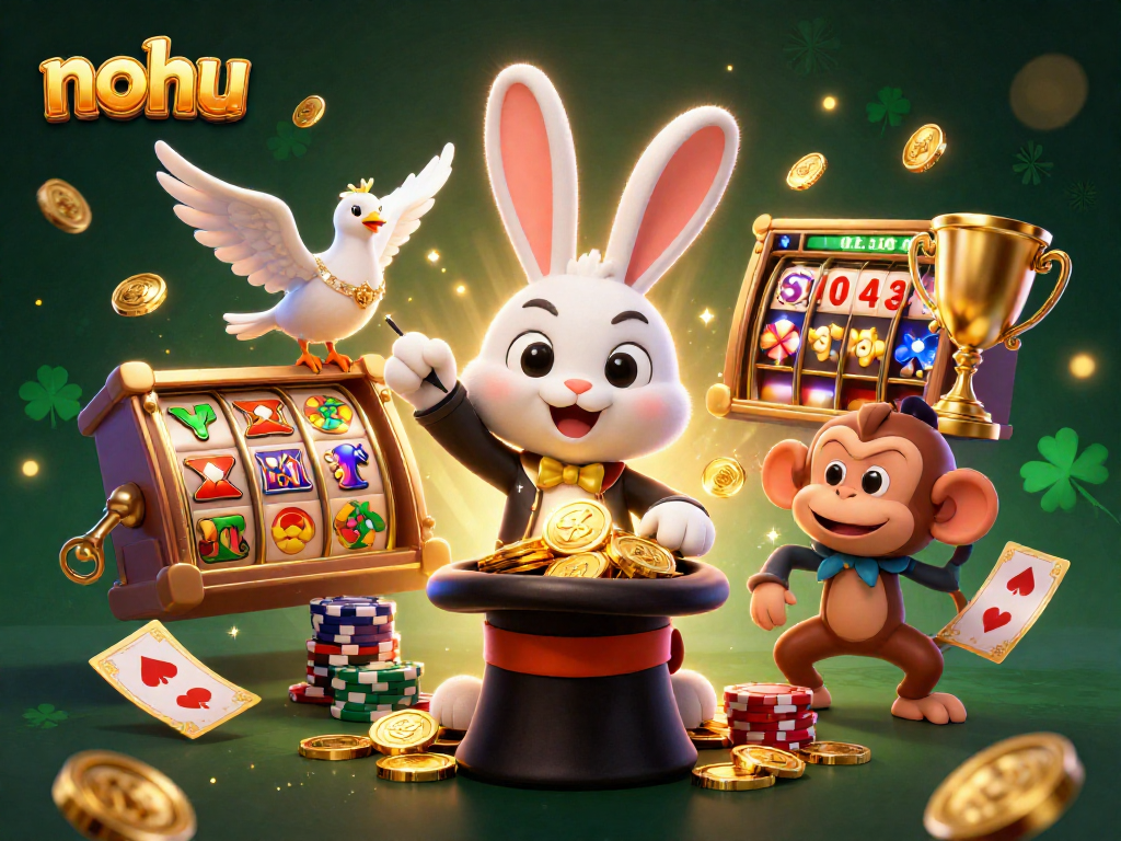 Nohu's dynamic illustration features a magician rabbit with golden coins and playful characters in a vibrant casino scene.