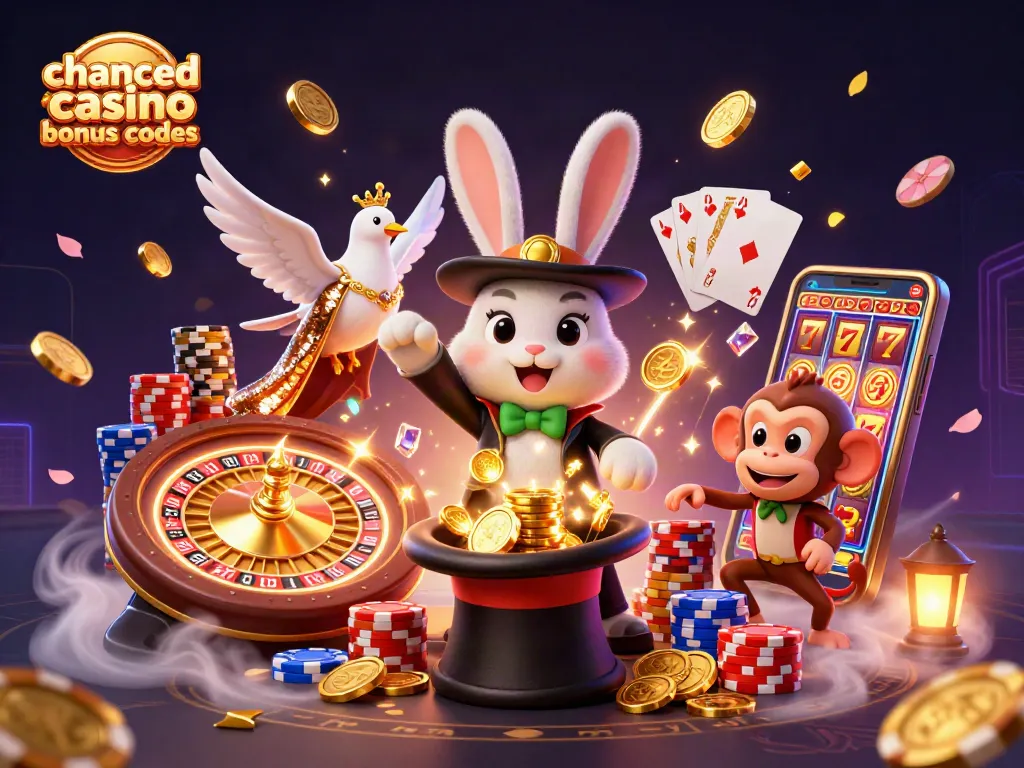 Experience winning with chanced casino bonus codes, highlighted by a magical rabbit and vibrant casino elements.