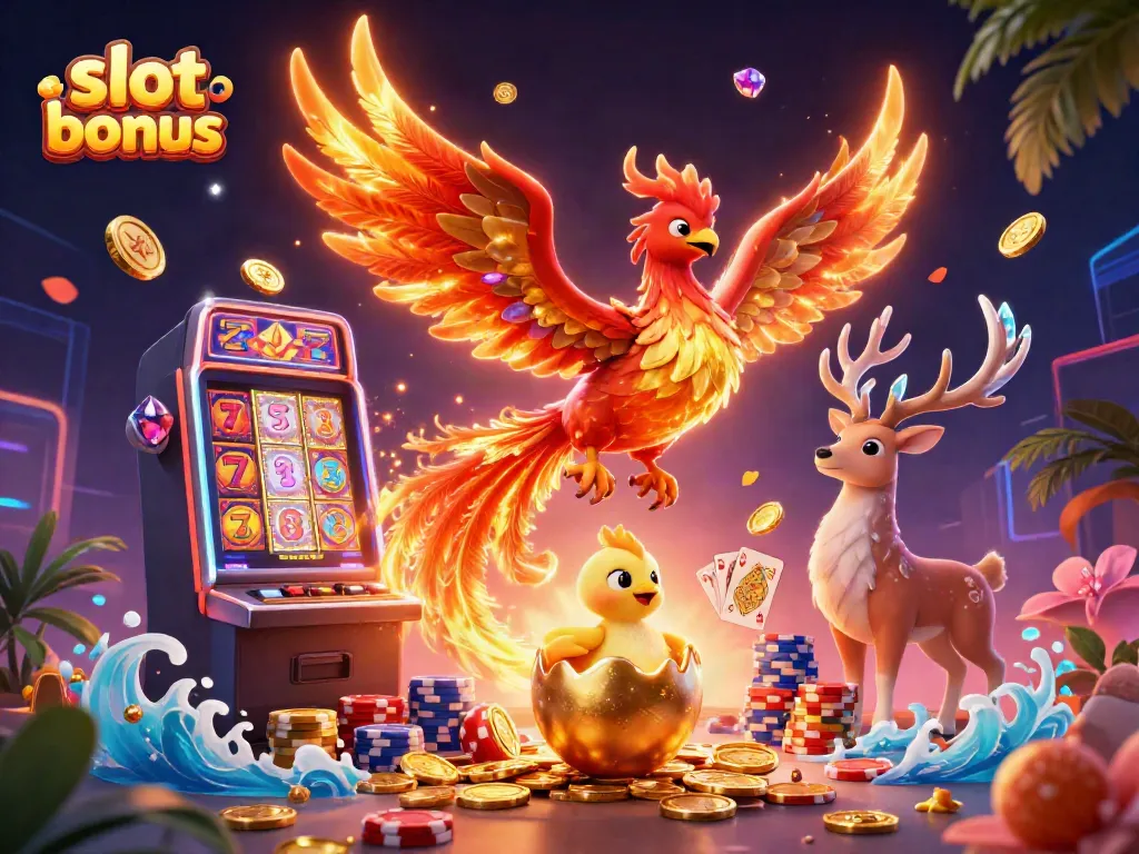 Experience the thrill of a slot bonus with dynamic casino visuals featuring golden coins and vibrant characters.