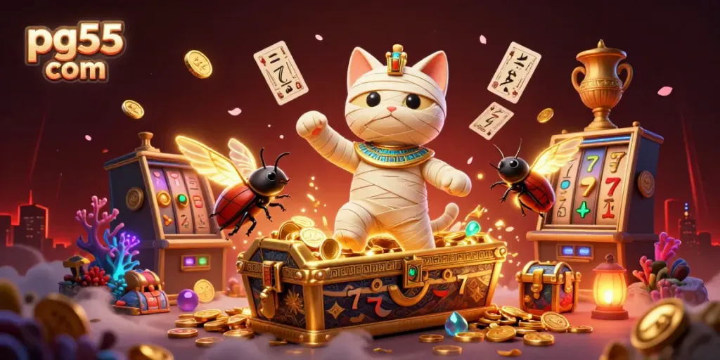 Experience thrilling gameplay at pg55 com with a dynamic scene of ancient treasures and slot machines.