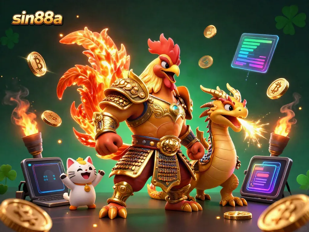 Experience thrilling gameplay with sin88a surrounded by 3D cartoon fighters and crypto coins in a vibrant atmosphere.
