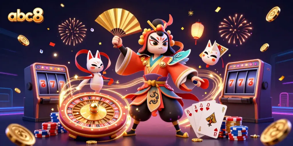 Experience thrilling wins at abc8 with casino games, kabuki characters, and vibrant elements.
