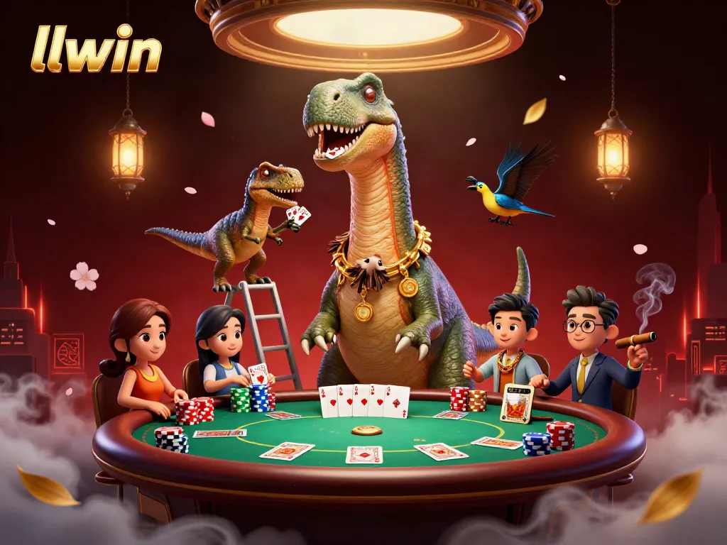 llwin features a dynamic scene with a brontosaurus at a casino poker table surrounded by vibrant game elements.