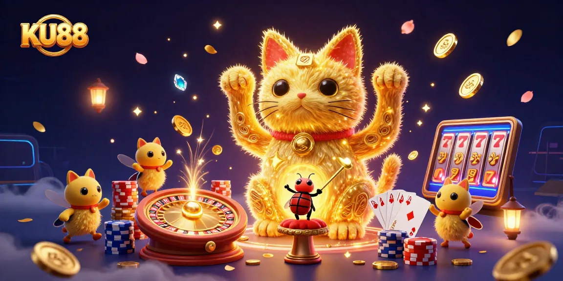 Experience the thrill of KU88 with a vibrant 3D casino scene featuring a lucky cat and dynamic gaming elements.
