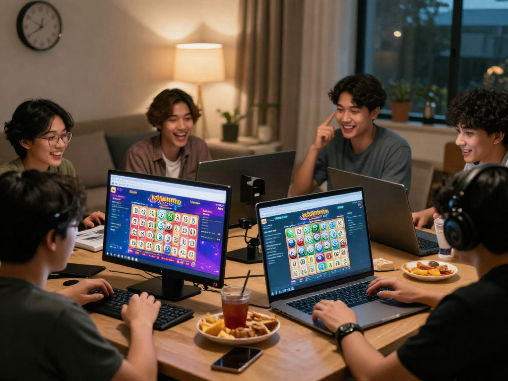 Players enjoying the kebuntoto online lottery platform in a cozy home environment, engaging with screens and discussing strategies.