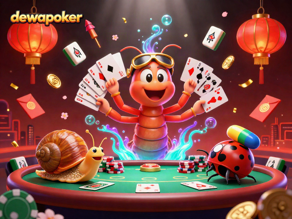 Experience dewapoker excitement with a 3D cartoon dealer and vibrant casino elements.