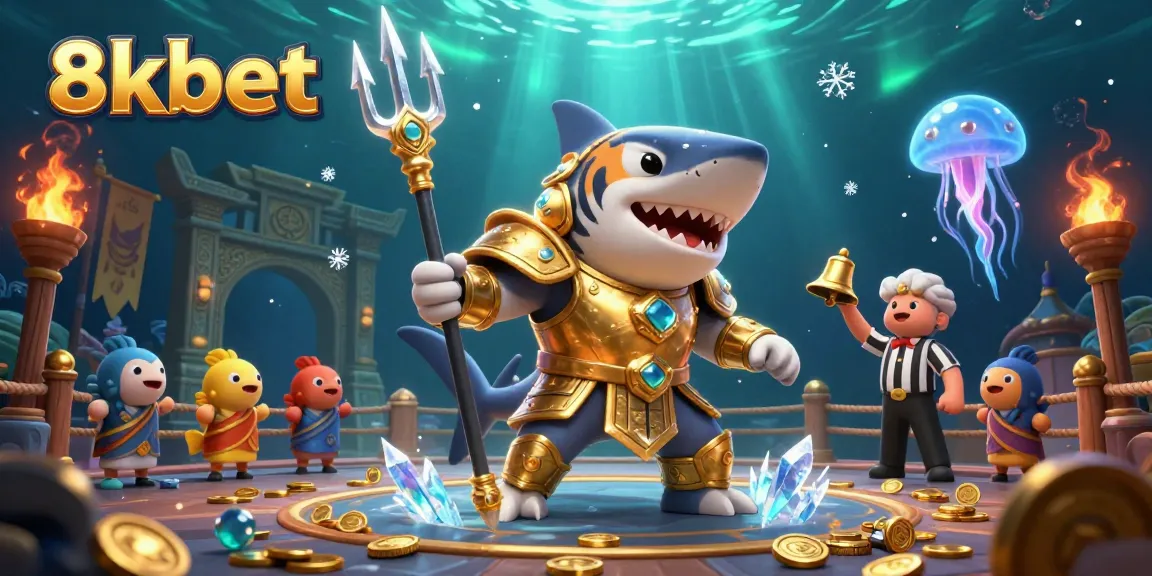 Engage with the dynamic underwater casino scene featuring 8xbet's tiger shark champion, surrounded by lively elements.