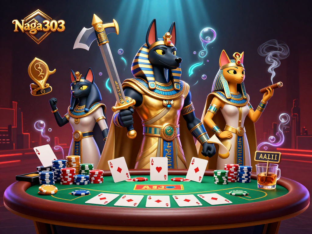 Naga303 menyuguhkan suasana kasino dengan pejuang Anubis dan simbol keberuntungan tambahan.