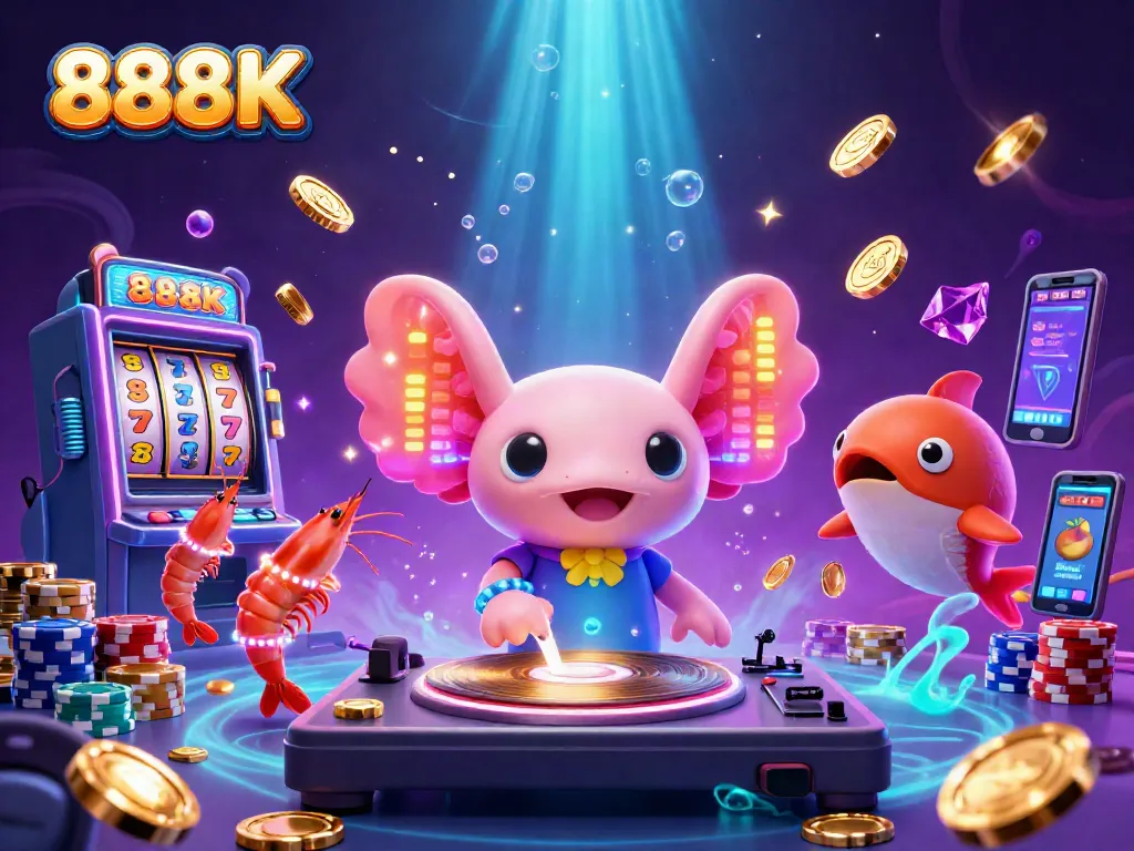Spin the reels and win big with 888K in this vibrant 3D casino illustration!
