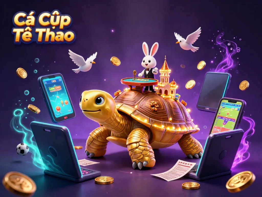 Engage in Cá Cược Thể Thao with a dynamic scene featuring a golden tortoise casino and a rabbit dealer.