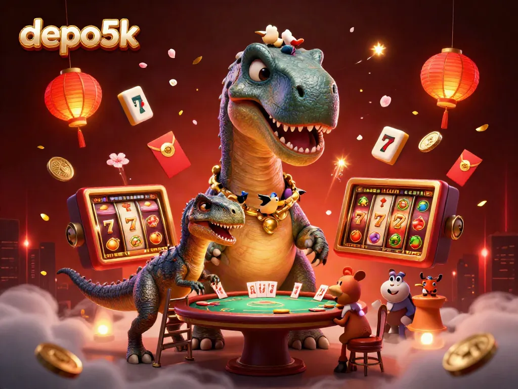 Engage with the exciting world of depo5k as a cartoon brontosaurus interacts with a poker table and a raptor dealer.