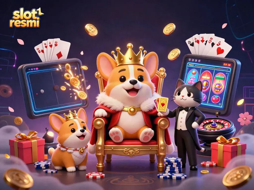 Experience the allure of slot resmi with a royal corgi on a throne, surrounded by gaming excitement.