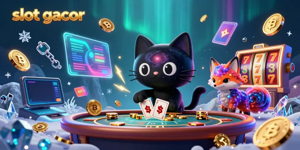 Visualisasi slot gacor dengan kucing hitam galaksi dan teman rubah nebula di meja kasino.