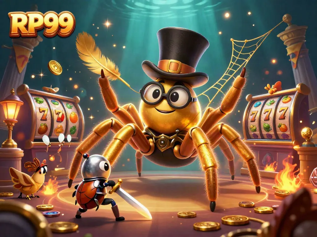 Witness the immersive world of RP99 with a giant golden tarantula, knight, and vibrant casino elements in a 3D illustration.