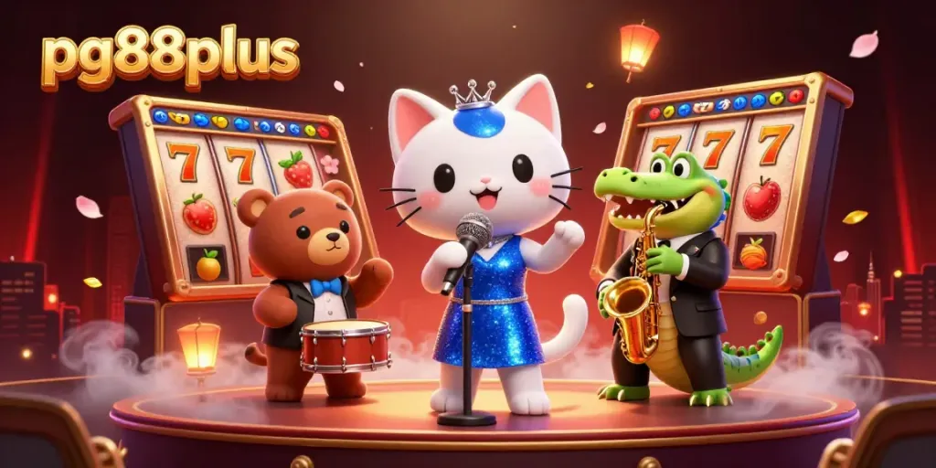 Spin winning slots with pg88plus featuring lively casino characters and festive elements.