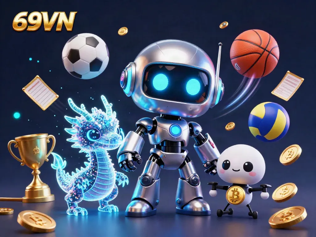 Experience the electrifying world of 69VN, featuring a vibrant cyberpunk robot and dynamic sports elements.