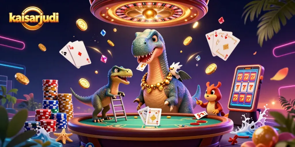 Engage with kaisarjudi's vibrant casino scene featuring a giant brontosaurus and animated gaming elements.