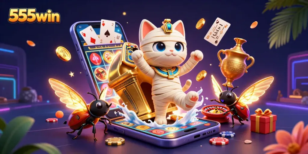 Play thrilling slot games with 555win in an enchanting pyramid casino scene.