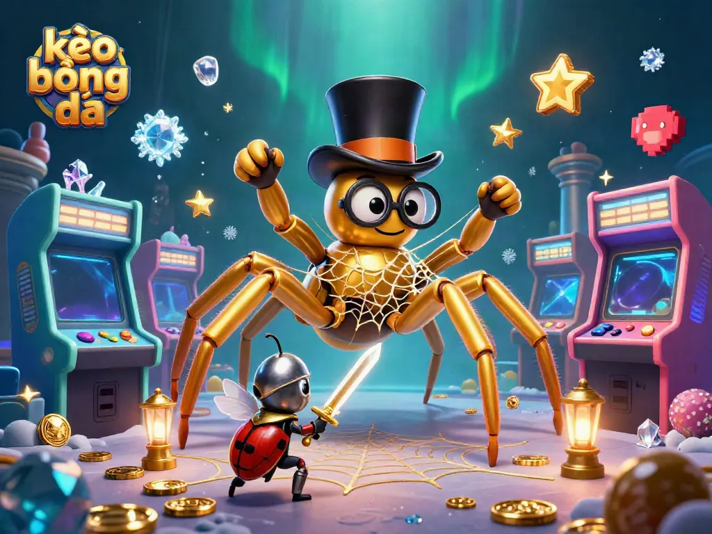 Bet on exciting kèo bóng đá with a brave knight and a giant tarantula weaving golden threads in a vibrant casino.