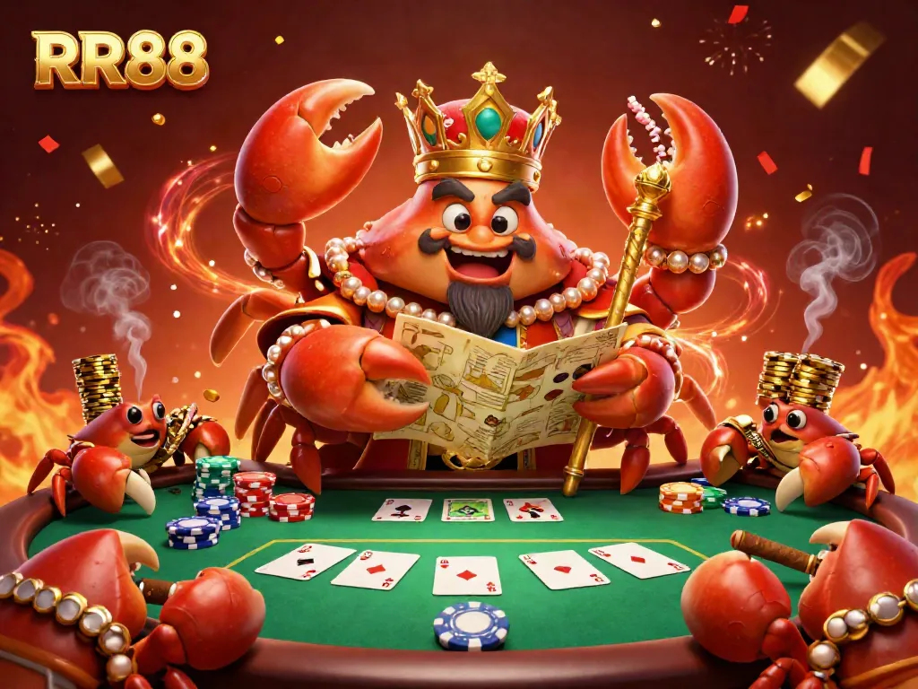 Engage in thrilling games at RR88 with a dynamic illustration featuring a golden crab emperor and poker elements.