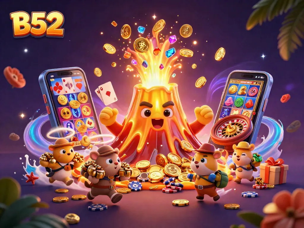 Engage with B52 casino fun as gold coins and treasures erupt in a vibrant, dynamic scene!