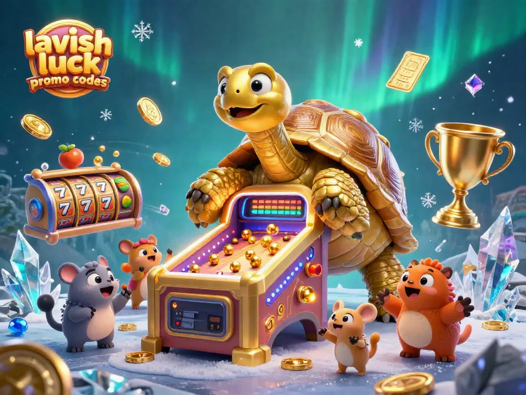 Experience Lavish Luck Promo Codes through this vibrant 3D casino illustration showcasing exciting slot elements and players.