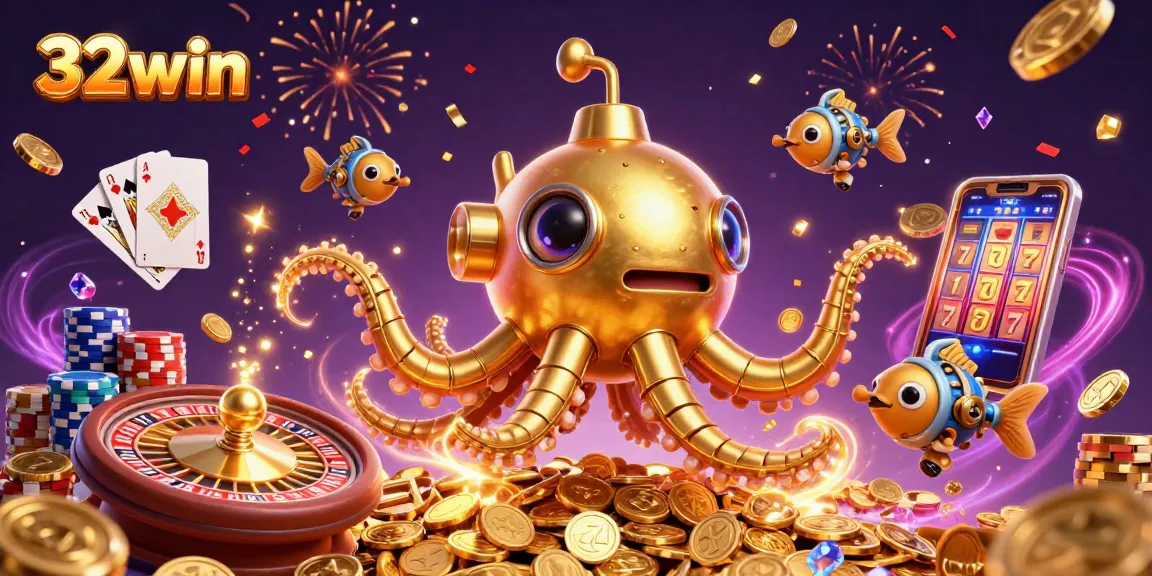 Experience 32win's thrilling gaming with golden kraken and coins in action.