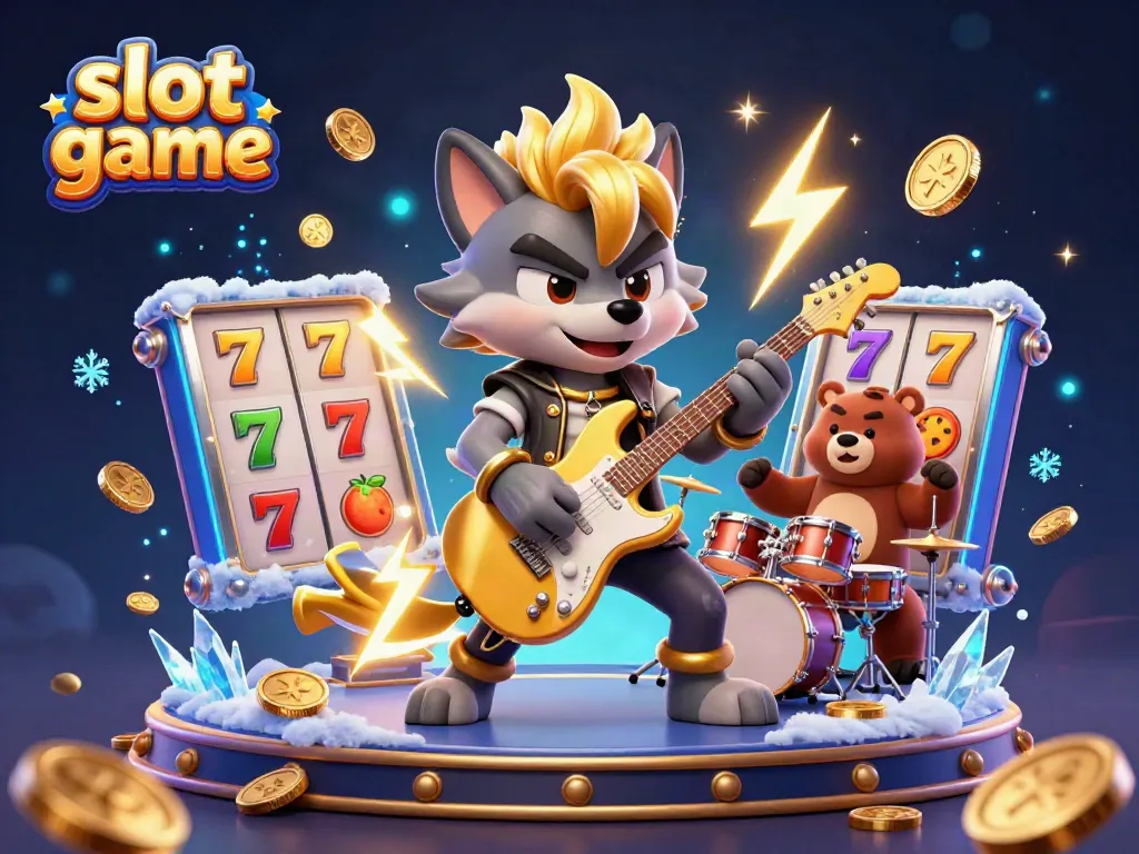 Engaging 3D scene of a rock star wolf performing on stage, illustrating vibrant slot game elements.