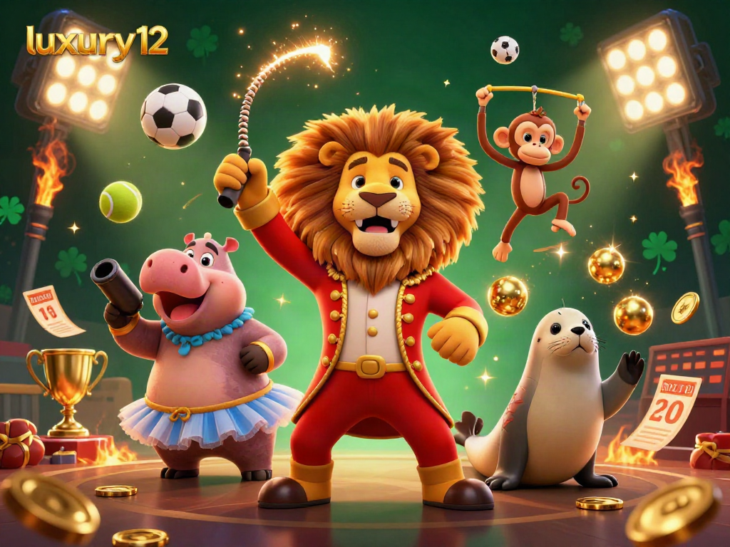 Engage with luxury12 in a vibrant 3D casino scene showcasing dynamic sports elements and circus characters.
