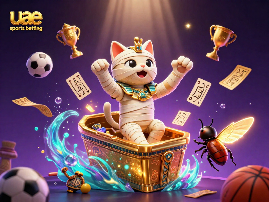 Engage in uae sports betting with dynamic casino action, featuring a mummy, scarab, and floating betting slips.