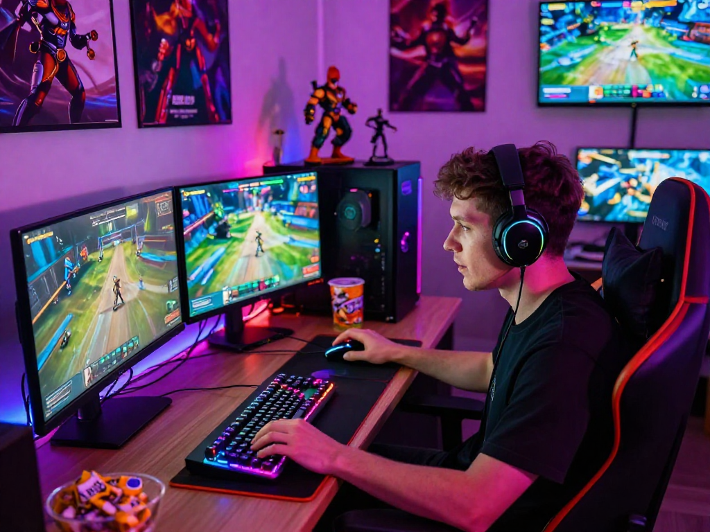 Gamer di bos88ap.com asyik bermain game di ruang gaming dengan pencahayaan RGB yang menggugah semangat.